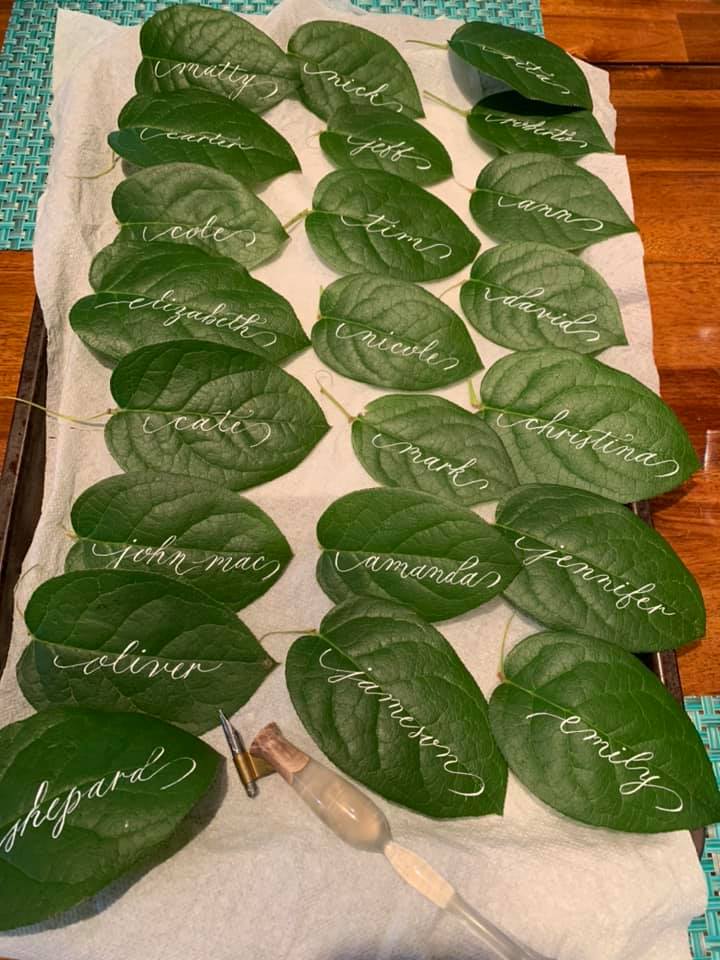 placecards green leaves