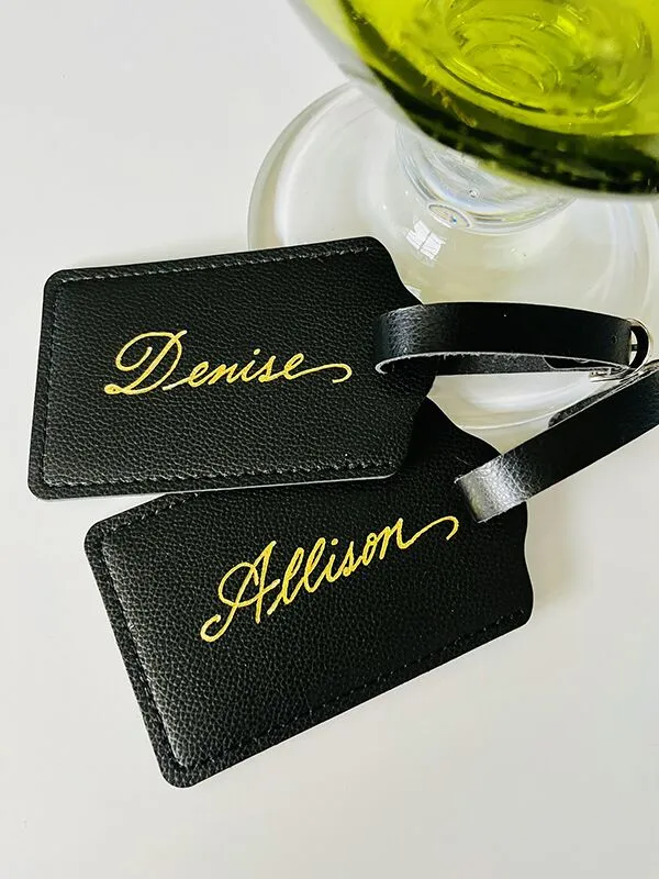 Hot foilng on leather luggage tags
